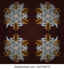 Vector winter illustration in brown colors with golden elements. Hand drawn abstract snowflakes seamless. Template for cover, poster, t-shirt or fabric.