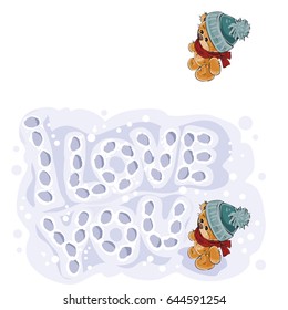 Vector winter illustration of a brown teddy bear left traces on the snow in the form of an inscription I Love You. Print, template, design element