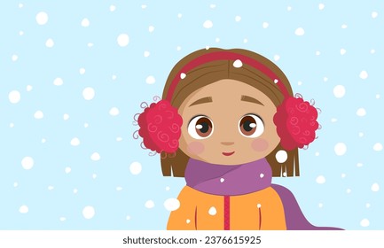 Vector winter illustration , cartoon cute girl in flat style , with brown hair and eyes, yellow winter jacket , purple scarf , and red pink earmuffs on blue snow background for different design 