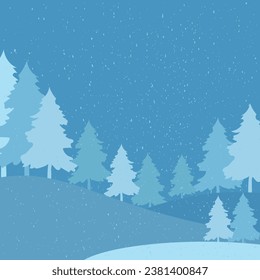 Ilustración vectorial de invierno al estilo de las caricaturas con flores azules. Paisaje invernal, fondo invernal. El clima nevado. Vista panorámica.