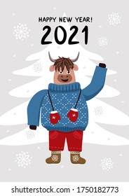Ilustración vectorial de invierno con un lindo toro alegre con ropa brillante. Atributos de invierno: botas de fieltro, rukovichki, suéter, copos de nieve, árbol de Navidad. La frase en inglés "Happy New Year 2021". Chi