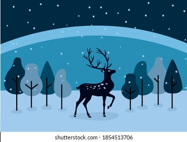 Vector winter illustration Christmas deer in the snow. Silhouette of a deer on a background of snow. Christmas card.