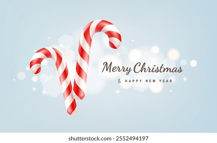 Vector winter illustration of christmas red and white striped candy cane on blue background with light bokeh. 3d cartoon style design of shine candy cane with text Merry Christmas and Happy New Year