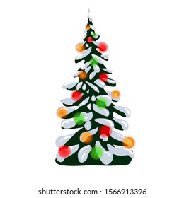 Vector winter illustration. Christmas tree decorated with glowing balls, garland, light bulbs. Christmas tree with snow on the branches. The object for the Christmas design is isolated on a white