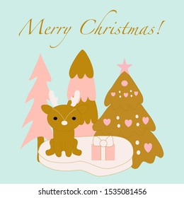 Vector winter illustration with christmas trees and cute raindeer, perfect to use on the web or in print