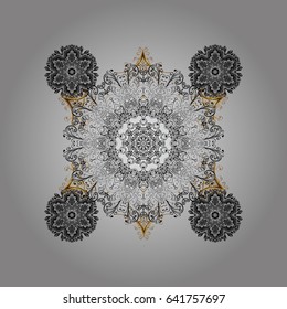 Vector winter illustration in colors with golden elements. Hand drawn abstract snowflakes ornamental. Template for cover, poster, t-shirt or fabric.