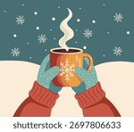 Vector winter illustration cozy hands in blue mittens holding a mug with snowflakes on a dark blue background, red sleeves. Winter warmth, holiday joy. For Christmas cards, seasonal posters, branding