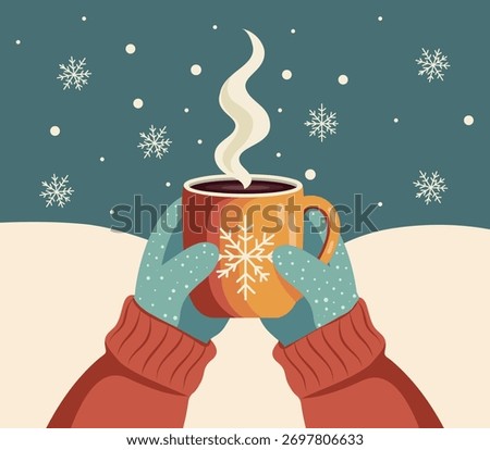 Vector winter illustration cozy hands in blue mittens holding a mug with snowflakes on a dark blue background, red sleeves. Winter warmth, holiday joy. For Christmas cards, seasonal posters, branding
