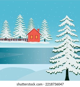 VECTOR WINTER ILLUSTRATION.RED CUTE HOUSE NEAR THE RIVER WITH FIR-TREES.SNOWFALL