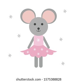 Vector winter illustration with a cute mouse in a pink dress on a white background. Template for cards, packaging, wallpapers, paper, print, clothes and other uses.