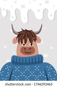 Vector winter illustration with a cute smiling bull. New Year 2021 according to the Chinese calendar. Milk background.