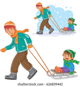 Vector winter illustration of dad, older brother dragging sled with little boy. Print