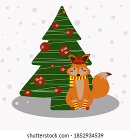 ilustración vectorial de invierno que representa a un zorro cerca del árbol de Navidad y caída de nieve