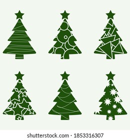 vector winter illustration depicting six different Christmas trees, green Christmas tree with a star on top