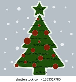 vector winter illustration depicting six green Christmas tree with a star on top. red balls on the Christmas tree, and the inscription Happy New Year

