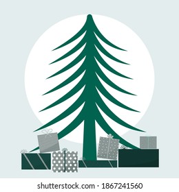 Vector winter illustration of gifts under the Christmas tree