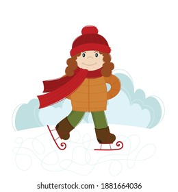 Ilustración vectorial de invierno de la niña patinaje sobre hielo