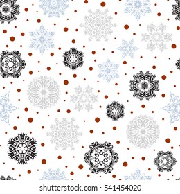 Vector winter illustration in gray and brown colors. Hand drawn abstract snowflakes seamless. Template for cover, poster, t-shirt or fabric.