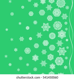 Vector winter illustration in green colors. Hand drawn abstract snowflakes seamless. Template for cover, poster, t-shirt or fabric.