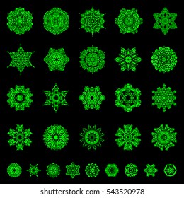 Vector winter illustration in green colors. Hand drawn abstract snowflakes set. Template for cover, poster, t-shirt or fabric.