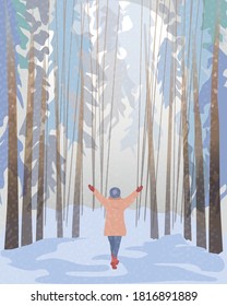 Vector winter illustration of a happy person walking in a snowy forest under snowfall
