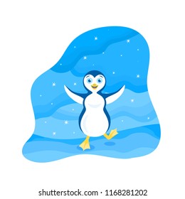 Vector winter illustration of a happy stomping penguin with open arms among the snowy wilderness under the starry sky.