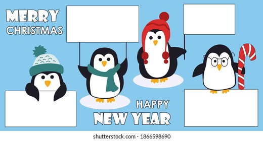 Ilustración vectorial de invierno para inscripciones con pingüinos. Imágenes para imprimir, donde se puede escribir o dibujar algo. Ilustración dibujada a mano sobre un fondo azul.
