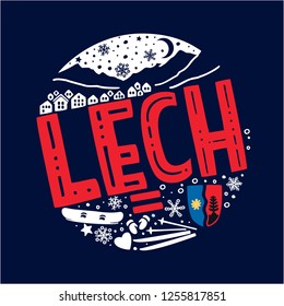 Vector winter illustration of Lech, Austria. Round pattern with symbols and landscape of Lech with isolated elements on dark background. Can be used as a sticker, print for t shirts, posters, cards