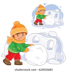 Vector winter illustration little boy making snow fort