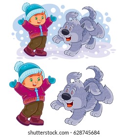 Vector winter illustration of a little boy playing with his dog outdoor. Print