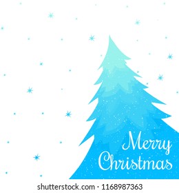 Vector winter illustration with mint and blue christmas tree at the bottom right. Snowflakes. Multicolor stars. Text Merry Christmas. Isolated on the white background.