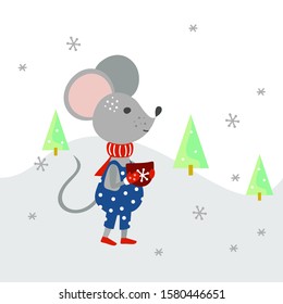 Vector winter illustration with a mouse. Design element for New Year, Christmas and winter illustration. Template for cards, posters, packaging, paper and other uses.