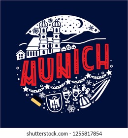 Vector winter illustration of Munich. Round pattern with symbols and landscape of Munich with isolated elements on dark background. Can be used as a sticker, print for t shirts, posters, cards
