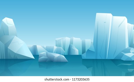 Vector Ilustración invernal del paisaje natural del Ártico invernal con hielo iceberg, agua azul puro y colinas nevadas.