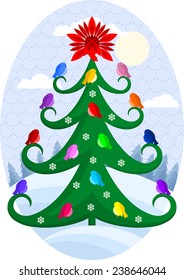 Vector winter illustration with a New Year tree and birds sitting on it like baubles and a star on the top.
