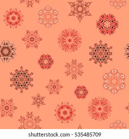 Vector winter illustration in pink colors. Hand drawn abstract snowflakes seamless. Template for cover, poster, t-shirt or fabric.