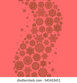 Vector winter illustration in pink colors. Hand drawn abstract snowflakes seamless. Template for cover, poster, t-shirt or fabric.
