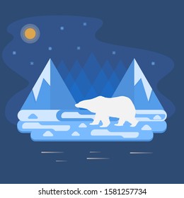 Vector winter illustration with a polar bear walking between icebergs and in the Arctic.
