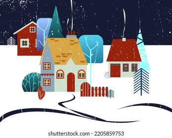 vector winter illustration in retro style.Christmas houses and trees.New Year's stylized night landscape for postcards,congratulations,creativity,etc.