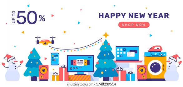 Vector winter illustration of set of household appliances on white background with christmas tree and happy snowman. Sale of home domestic electronic appliances. Flat style design for web, banner