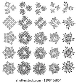 Vector winter illustration in silver colors. Twenty five hand drawn abstract snowflakes set. Template for cover, poster, t-shirt or fabric.