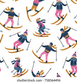 Vector winter  illustration of skiers. Sports children in the ski resort. Trendy scandinavian design. Seamless pattern on the white background.