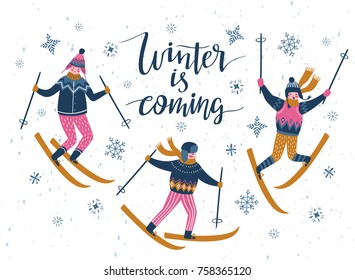 Vector winter  illustration of skiers. Sports children isolated on the white background and lettering - 'winter is coming'. Trendy scandinavian card design.