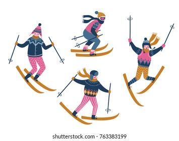 Vector winter  illustration of skiers. Sports children isolated on the white background. Trendy scandinavian design elements.
