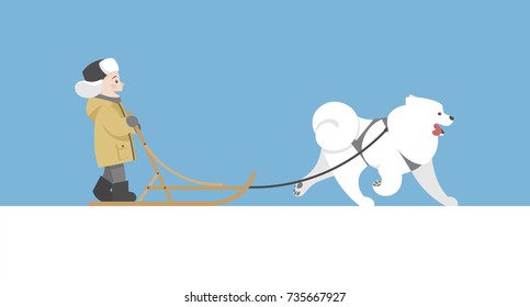 Vector winter illustration. Sledding with samoyed dog. Children holidays.
 