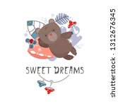 Vector winter illustration of a sleeping brown bear. Winter elements of plants and grass mushrooms. Cute bear in a den. Text template, Flat image