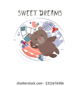 Vector winter illustration of a sleeping brown bear. Winter elements of plants and grass mushrooms. Cute bear in a den. Text template, Flat image