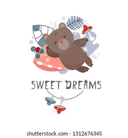 Vector winter illustration of a sleeping brown bear. Winter elements of plants and grass mushrooms. Cute bear in a den. Text template, Flat image