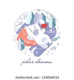 Vector Winter Illustration Of A Sleeping Polar Bear. Winter Elements Of Plants And Fish. New Year. Winter Picture Snow. Cute Bear In A Den. Text Template, Flat Image