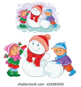 Vector winter illustration of small children mold snowmen. 